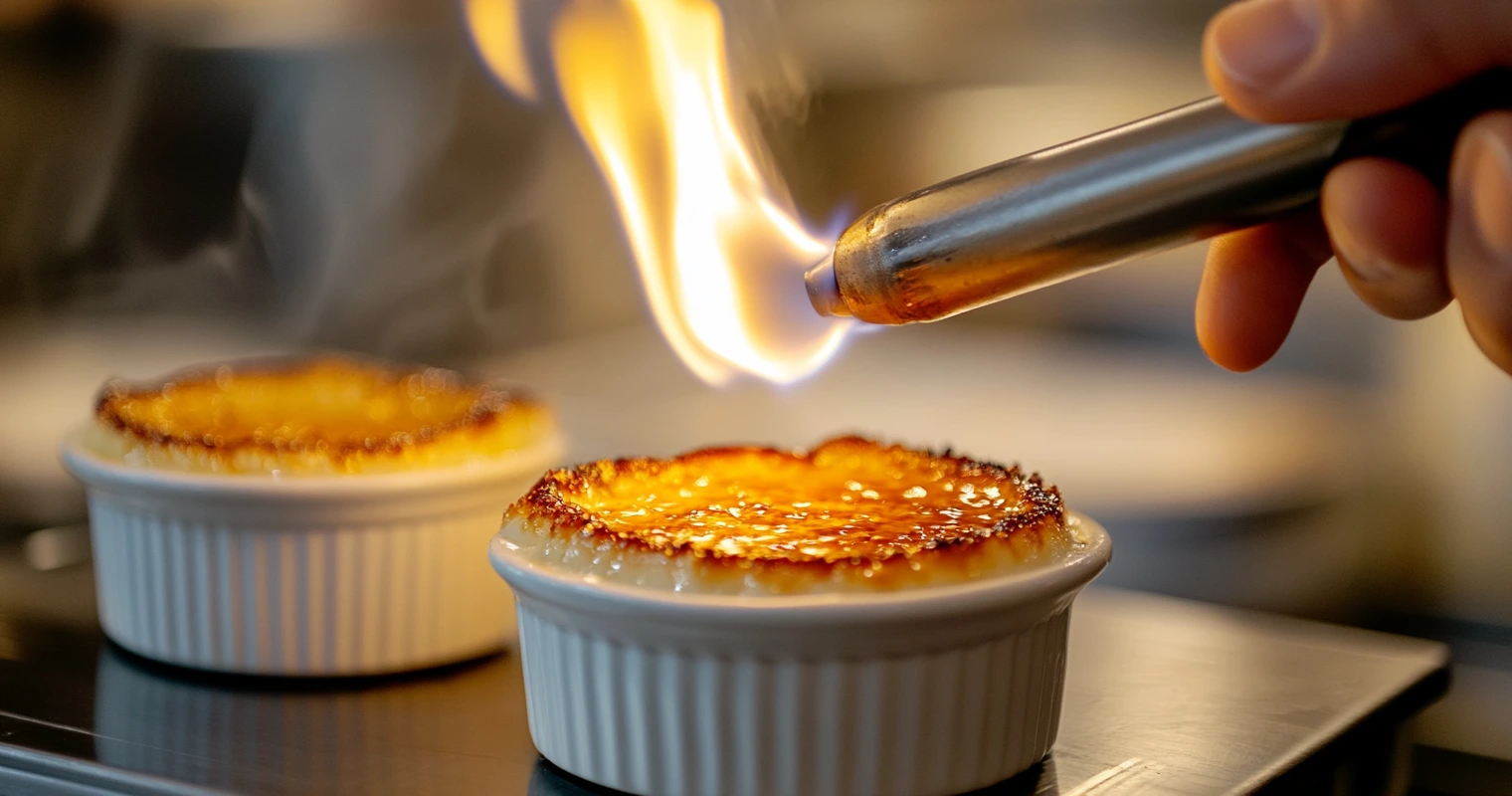 A chef using a kitchen torch to caramelize the sugar on top of Crab Brûlée.