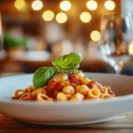 Cavatelli pasta cooked in rich tomato sauce garnished with fresh basil in a rustic ceramic plate.