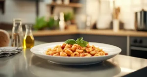 A plate of freshly prepared Cavatelli pasta with basilico sauce