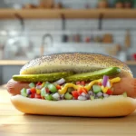 A Chicago-style hot dog with traditional toppings presented