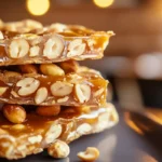 Close-up of golden peanut brittle stacked with roasted peanuts and caramel.