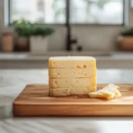 Colby Jack cheese slices on a wooden board in a bright kitchen setting