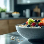 Colorful cottage cheese breakfast bowl topped with fruits and granola.