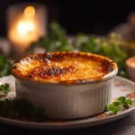 A luxurious serving of Crab Brûlée with a caramelized top on a white plate, garnished with fresh herbs.