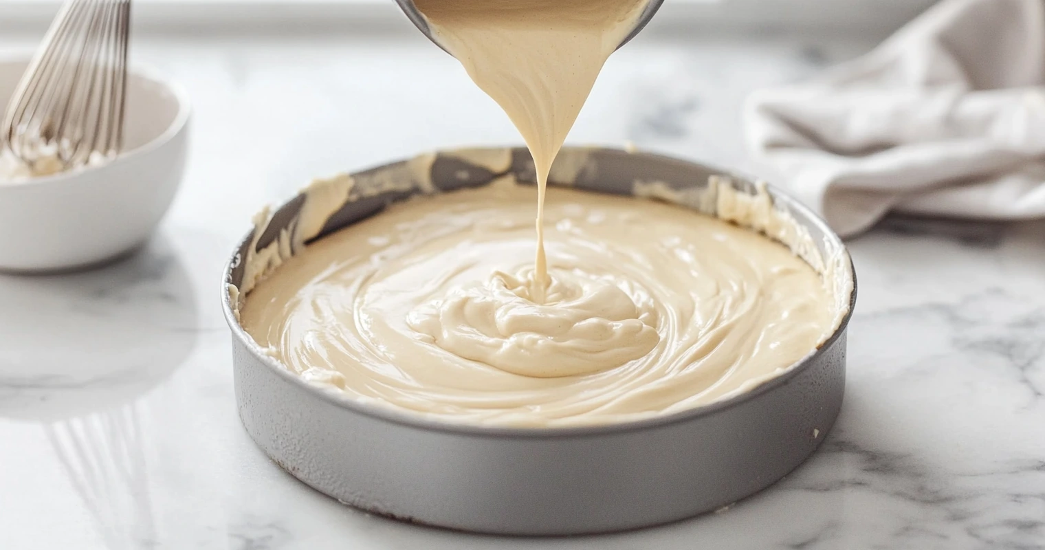 Smooth cheesecake batter being poured into a pan.