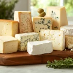 A variety of feta cheese types, including creamy and crumbly blocks, displayed on a wooden board