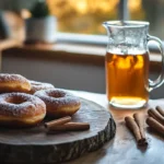Freshly made apple cider donuts on a rustic wooden platter with cinnamon sticks.