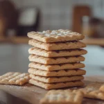 Fresh homemade graham crackers stacked on a wooden board in a modern kitchen.