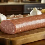 freshly made kielbasa sausages arranged neatly on a marble counter