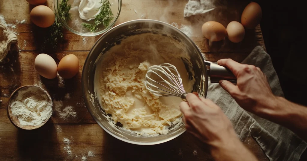 Whisked egg yolks and cream being combined in a saucepan for the custard base.
