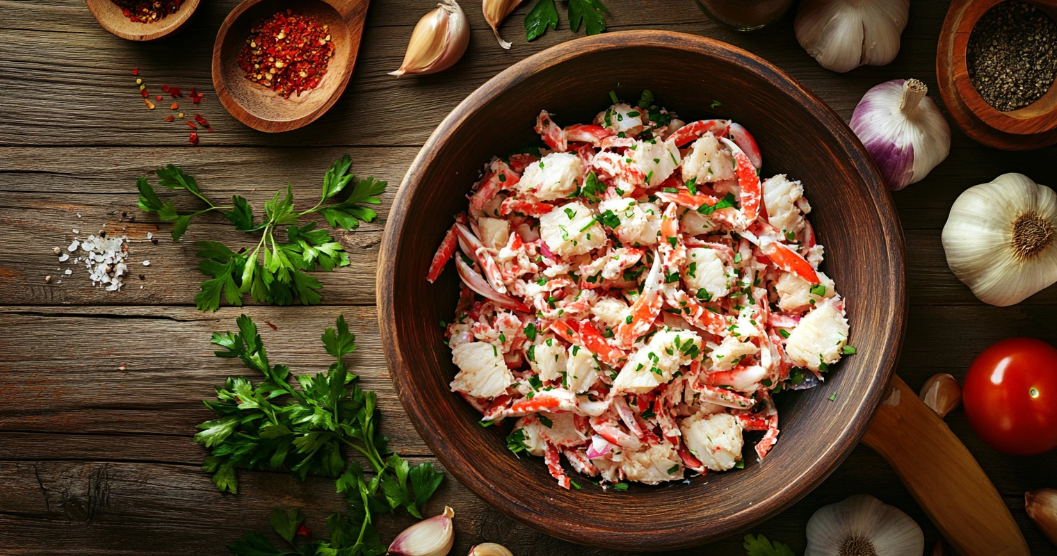 Fresh lump crab meat in a bowl with shallots and garlic, ready for mixing.
