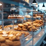 Freshly baked cookies and a decorated cookie cake at a modern bakery
