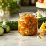 A jar of homemade healthy relish with fresh vegetables on a marble countertop in a modern kitchen.