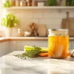 Homemade chicken bouillon in a jar with fresh ingredients on a modern kitchen counter