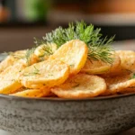 A bowl of crispy homemade pickle chips served on a wooden kitchen counter