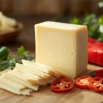 A modern cheese board featuring Pepper Jack cheese slices with peppers