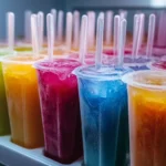 Colorful popsicle mixtures poured into molds and placed in a freezer