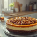 A perfectly baked praline cheesecake on a wooden table.