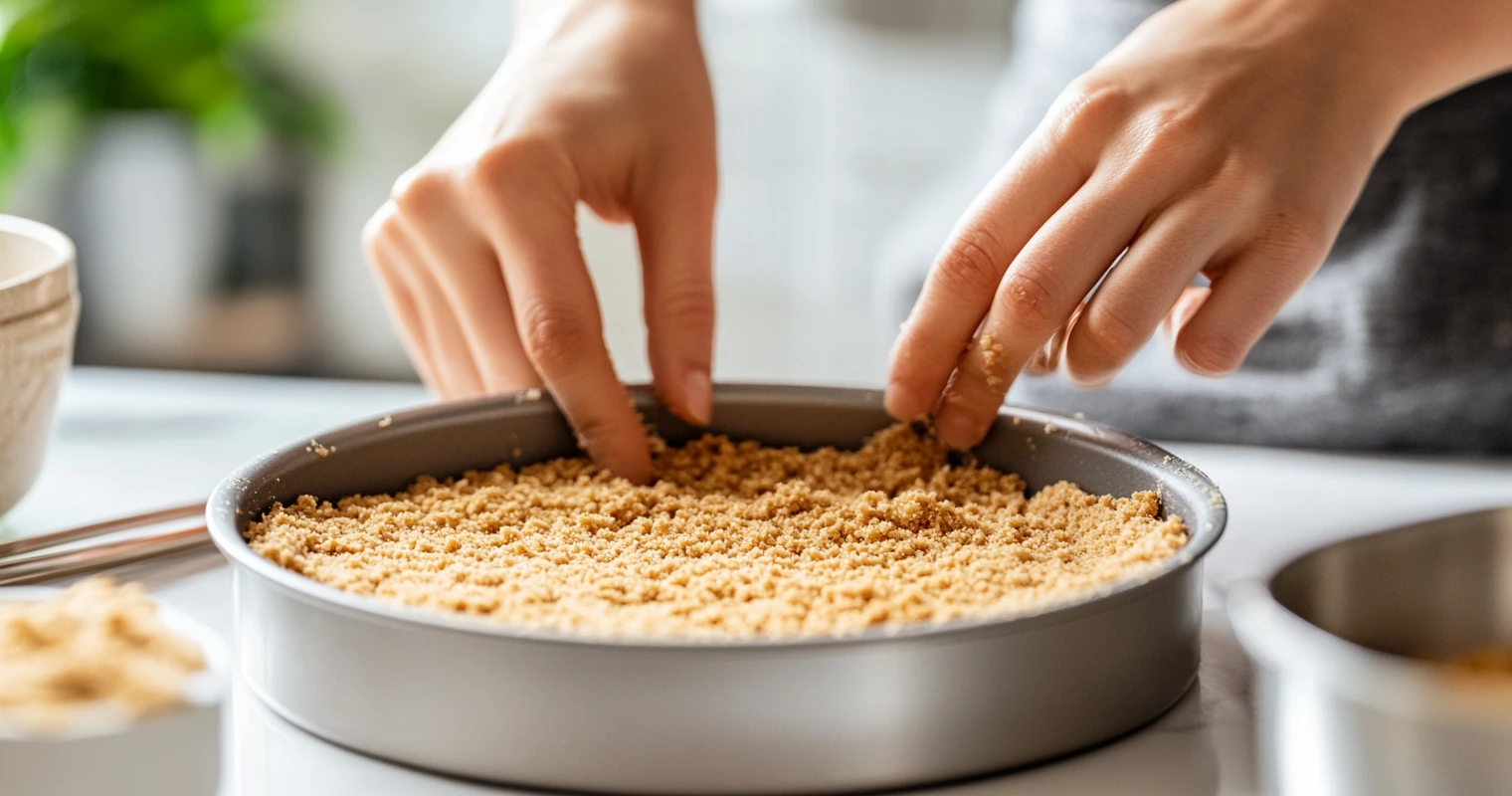 Graham cracker crust being pressed into a pan.