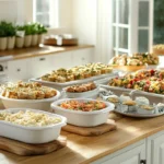 A vibrant potluck table filled with a variety of appetizers, mains, and desserts in a modern kitchen setting.