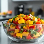 A colorful Serrano pepper and mango salad in a glass bowl.