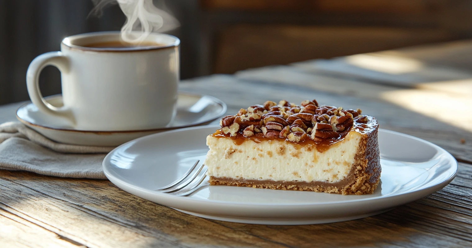 A slice of praline cheesecake on a plate with coffee.