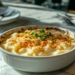 A close-up of smoked mac and cheese with a golden crust and a smoky finish.