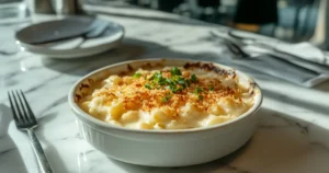 A close-up of smoked mac and cheese with a golden crust and a smoky finish.