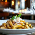 Strozzapreti pasta coated in fresh basil pesto served on a white ceramic plate