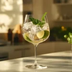 A freshly made Hugo Spritz in a wine glass with mint, lime, and ice.