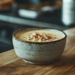 Creamy arroz con leche served in a rustic ceramic bowl with cinnamon sticks on the side.