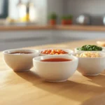 A variety of homemade dipping sauces in bowls placed on a wooden kitchen counter.