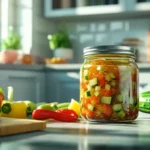 A jar of homemade relish with fresh vegetables and spices on a sleek kitchen counter