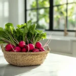 Fresh red radishes with green tops in a modern kitchen setting.