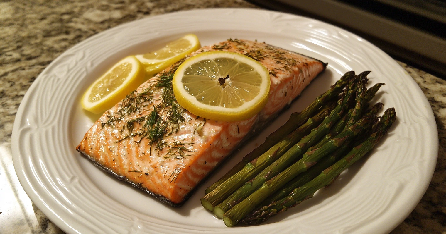 A flaky salmon fillet topped with lemon slices and fresh dill, served on a bed of asparagus.