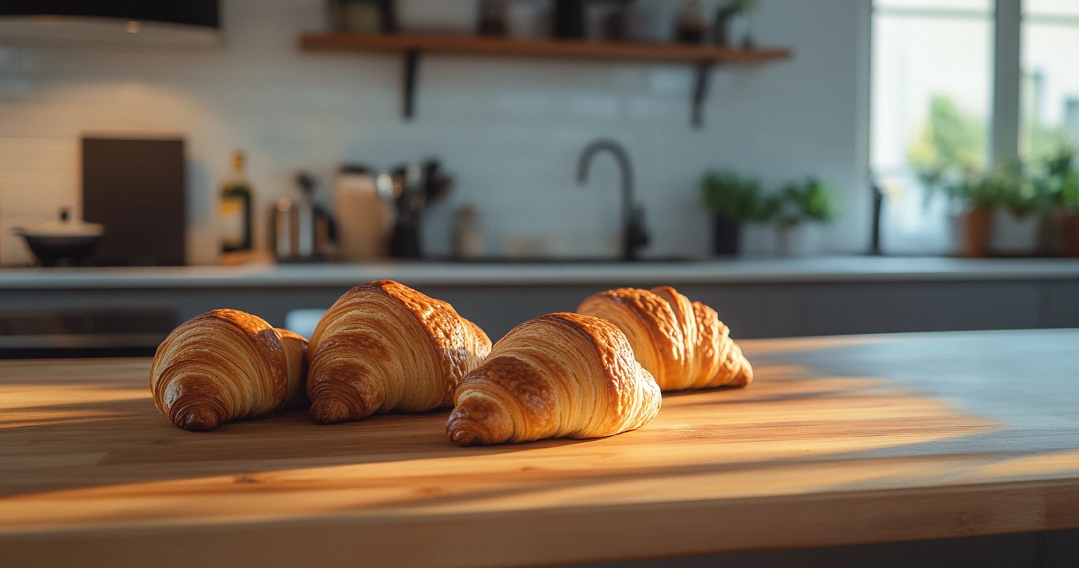 Freshly baked croissants on a wooden countertop in a modern kitchen.