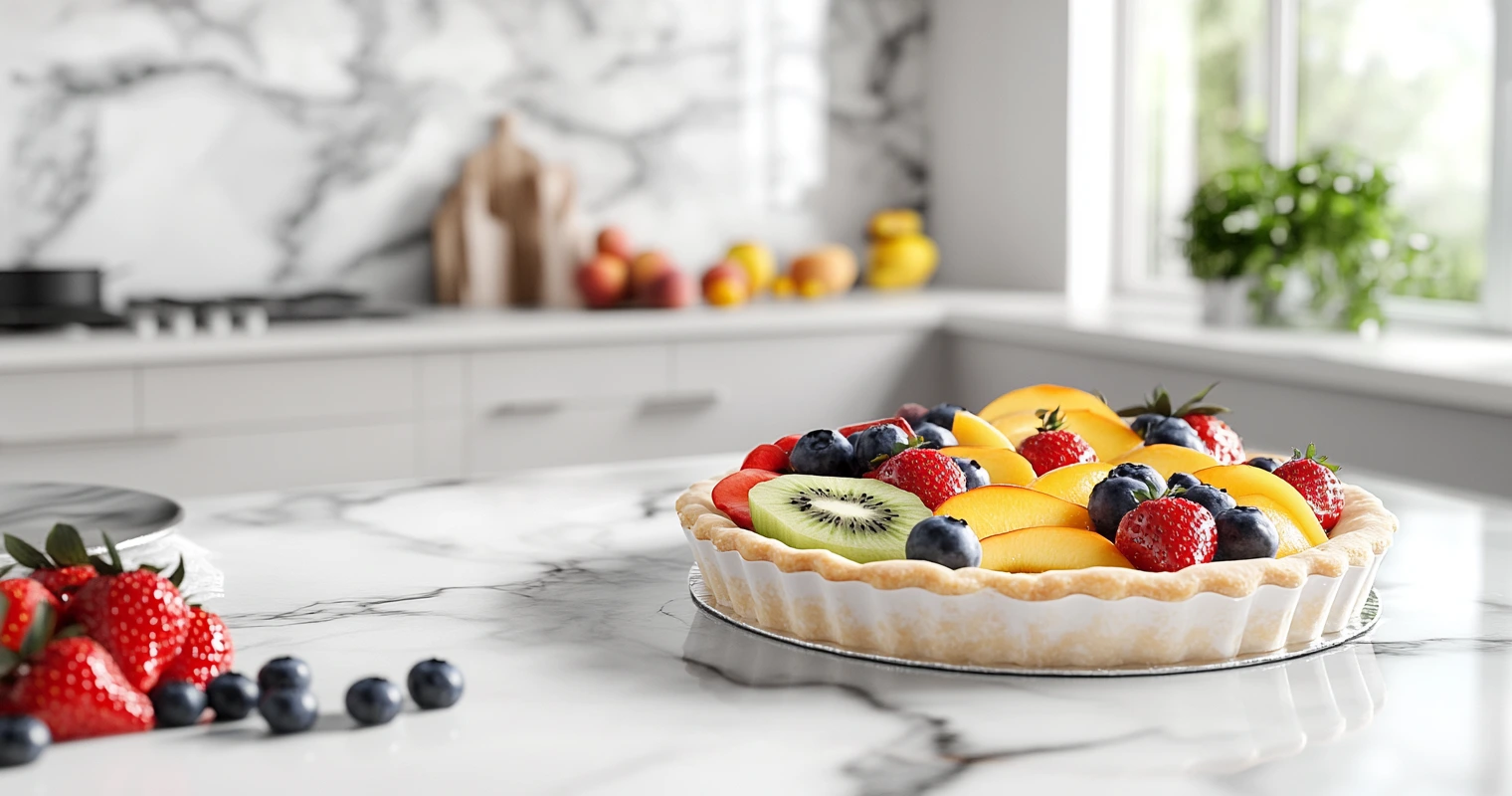 A fresh fruit tart decorated with berries, kiwi, and peaches on a marble kitchen counter.
