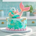 Magical mermaid cake with shimmering fondant scales on a modern kitchen counter