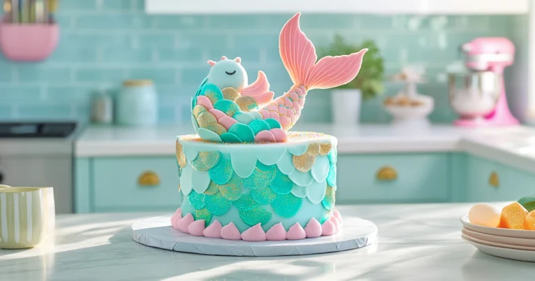 Magical mermaid cake with shimmering fondant scales on a modern kitchen counter