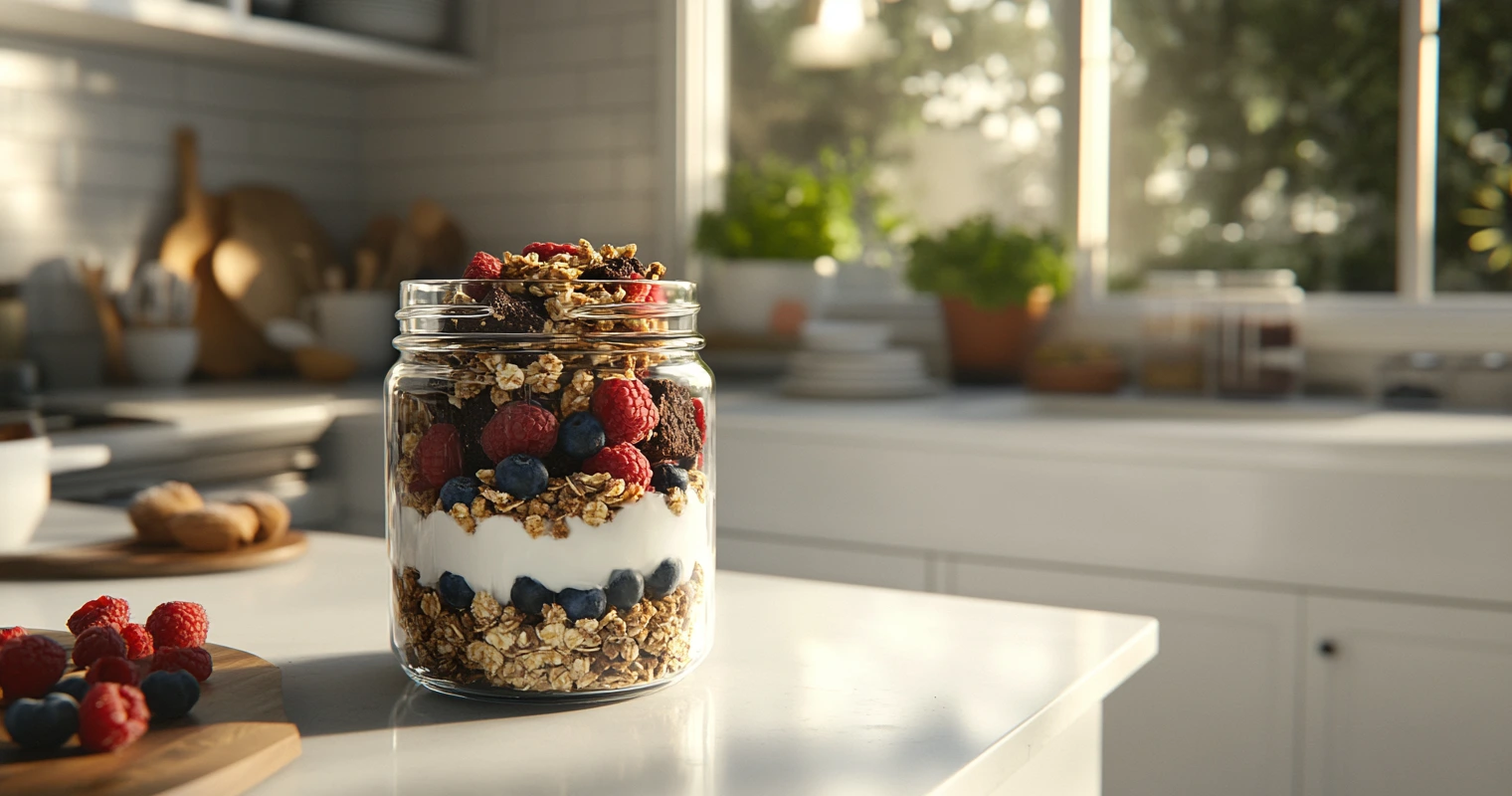 A layered protein brownie parfait with Greek yogurt, berries, and granola.