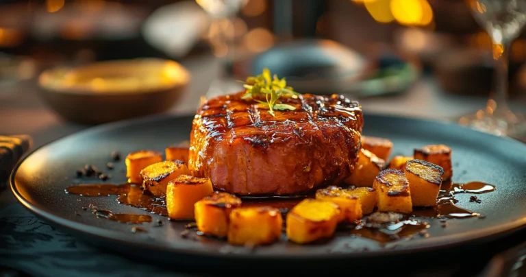 Classic baked ham steak with golden yams on a plate.