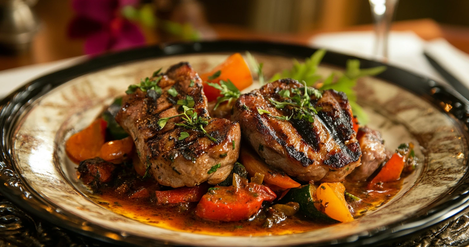 Byzantine cuisine with grilled lamb and spiced vegetables