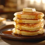 Stack of fluffy hotcakes with syrup and butter on top