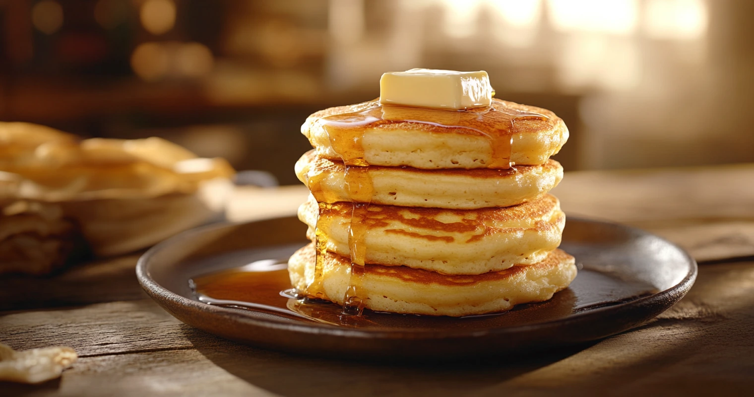 Stack of fluffy hotcakes with syrup and butter on top
