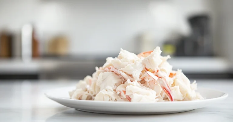 Fresh lump crab meat pieces displayed on a white plate