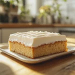 A perfectly baked kefir sheet cake on a wooden table with cream cheese frosting
