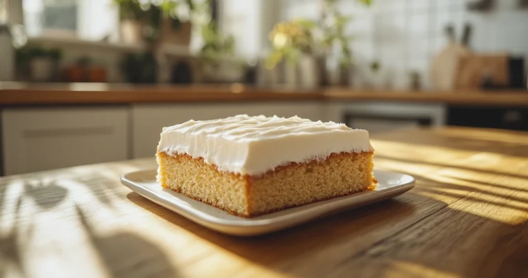 A perfectly baked kefir sheet cake on a wooden table with cream cheese frosting
