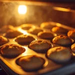 Muffins baking in the oven with golden tops.