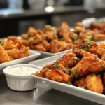 A beautifully presented plate of crispy, golden-brown chicken wings with dipping sauces in a modern kitchen setting.