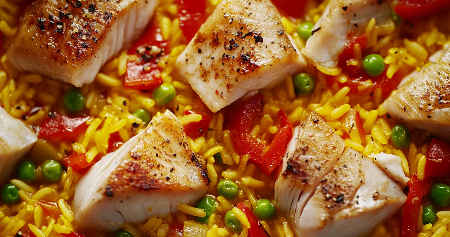 A colorful paella with shark, fish, chicken, red peppers, peas, and saffron rice.